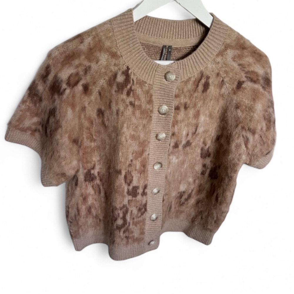 Anthropologie Women Cropped Short Sleeve Cardigan Animal Print Sweater SZ XL NEW